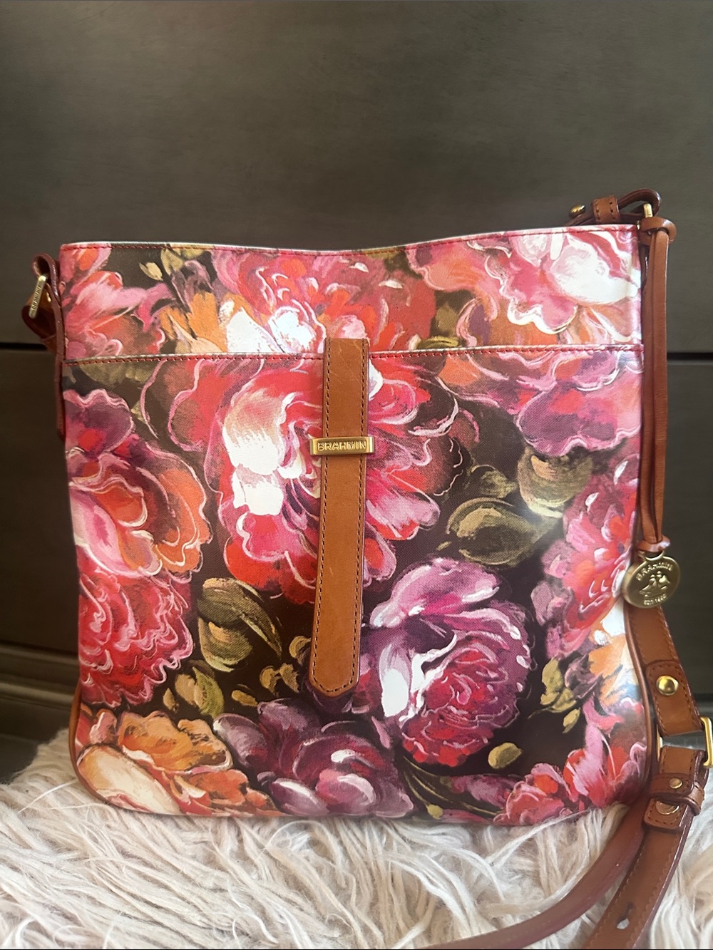 Brahmin floral Print Crossbody Bag in Pink and Brown with Leather Trim